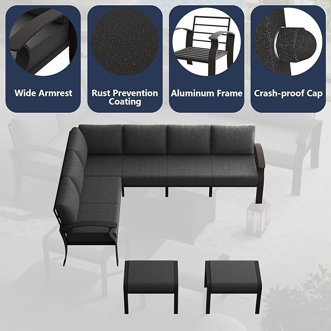 RTDTD Aluminum Outdoor Patio Furniture Set,8 Seats Patio Conversation Sets with 45" Propane Fire Pit Table,Metal Patio Sectional Furniture Set with Ottomans,Grey