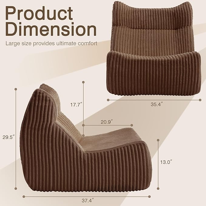 Big Bean Bag Chairs, Lazy Floor Sofa, Fireside Chair for Living Room, Bedroom, Office (Brown, Single Seat)