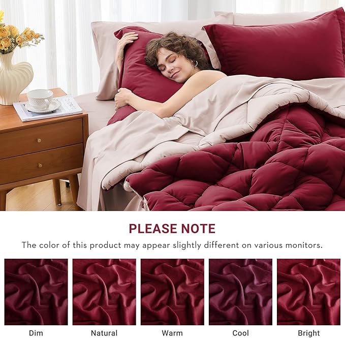 MUXHOMO 7 Pieces California King Comforter Set, Reversible Bed in a Bag Cal King Size, All Season Bedding Set with Comforter, Flat Sheet, Fitted Sheet, Pillowcases & Shams, Burgundy & Rose Gold
