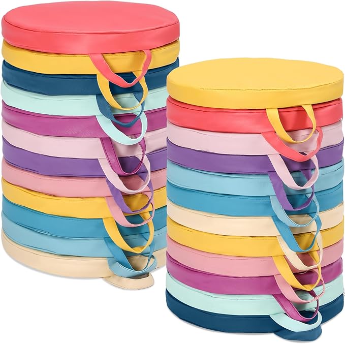 Huwena 24 Pack Floor Cushions 12x12inch Classroom Floor Seating Pillows Bulk Kids Flexible Cushion with Handles for Home School Kindergarten Daycare Nursery(Vivid Color,Round)