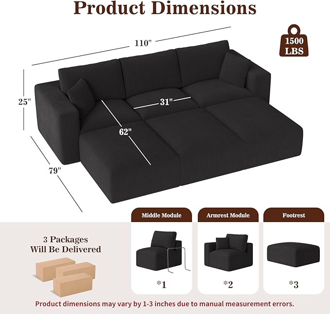 110" Modular Sectional Sofa, Cloud Couch Memory Foam Boneless Couch with Ottoman, Cozy 3 Seater Corduroy Floor Couch, No Assembly Required Living Room Furniture for Apartment, Black
