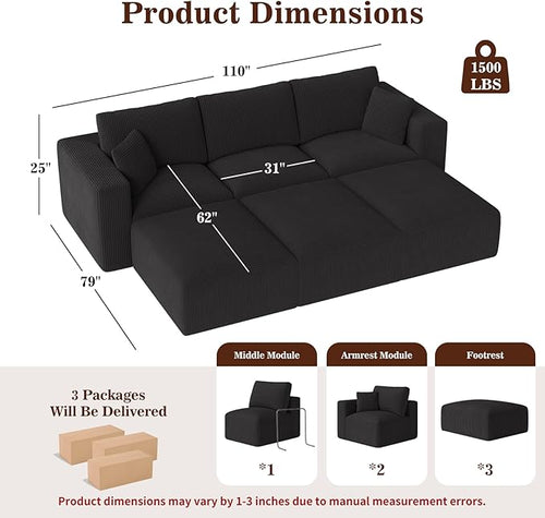110" Modular Sectional Sofa, Cloud Couch Memory Foam Boneless Couch with Ottoman, Cozy 3 Seater Corduroy Floor Couch, No Assembly Required Living Room Furniture for Apartment, Black
