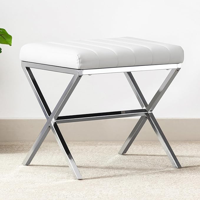 DUHOME Vanity Stool,Modern PU Leather Ottoman Stool Chair for Vanity Bench with Metal X Legs, Rectangle Makeup Stools Padded Foot Rest Ottoman for Makeup Room, Living Room, Bathroom,White
