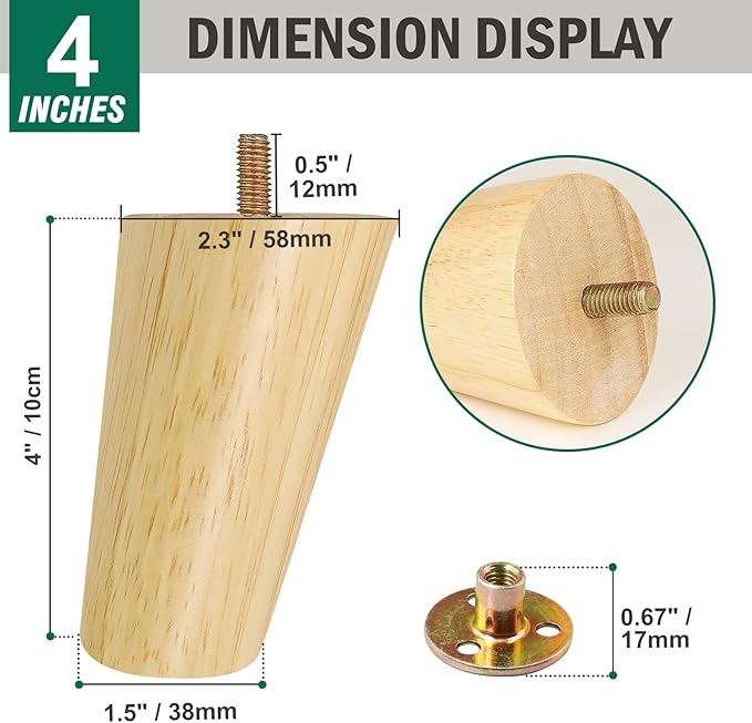 FoDau770 Rubber Wood Furniture Legs 4 Inches, Slant Tapered Wood Feet Mid Century Sofa Legs Set of 4, 5/16" UNC Furniture Feet Replacement Parts for Cabinet Couch Dresser Chair Ottoman Table