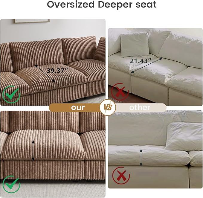 WJShome Cloud Couch Modular Sectional Sofa,157" Oversized U Shaped Couch with Ottoman,6 Seater Convertible Sofa,Comfy Plush Couches for Living Room,Covers Washable&Replaceable (Brown)