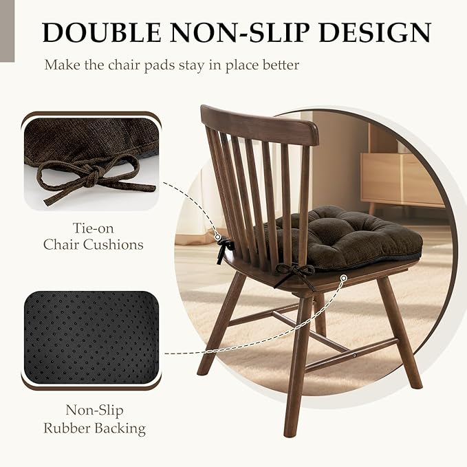 HARBOREST Chair Cushions for Dining Chairs Set of 6 - Chenille Tufted Kitchen Chair Cushions with Ties and Non-Slip Bottom, Foam Chair Pads for Dining Chairs, 17" x 17", Chocolate