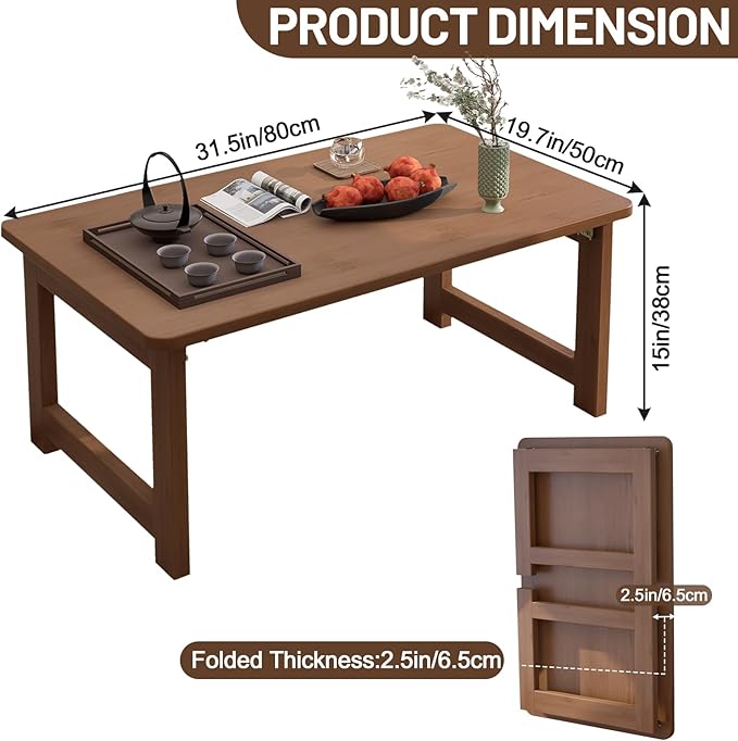 OETPJM Japanese Floor Table, Bamboo Folding Coffee Table, Portable Solid Wood Japanese Tatami Tea Table Table, No Assembly Japanese Dining Table for Sitting on The Floor, Easy Storage (Dark Walnut)