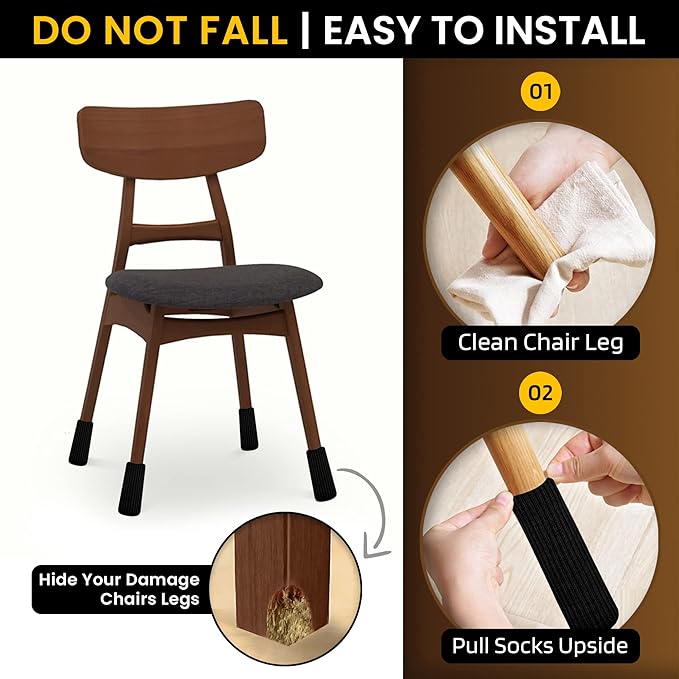 24 Pcs Black Premium Chair Leg Socks Protectors for Hardwood Floors - Do not Easily Fall Off - Very Easy to Put on - Fits All Leg Shapes - High Elastic Bar Stool Leg Covers - Furniture Pads