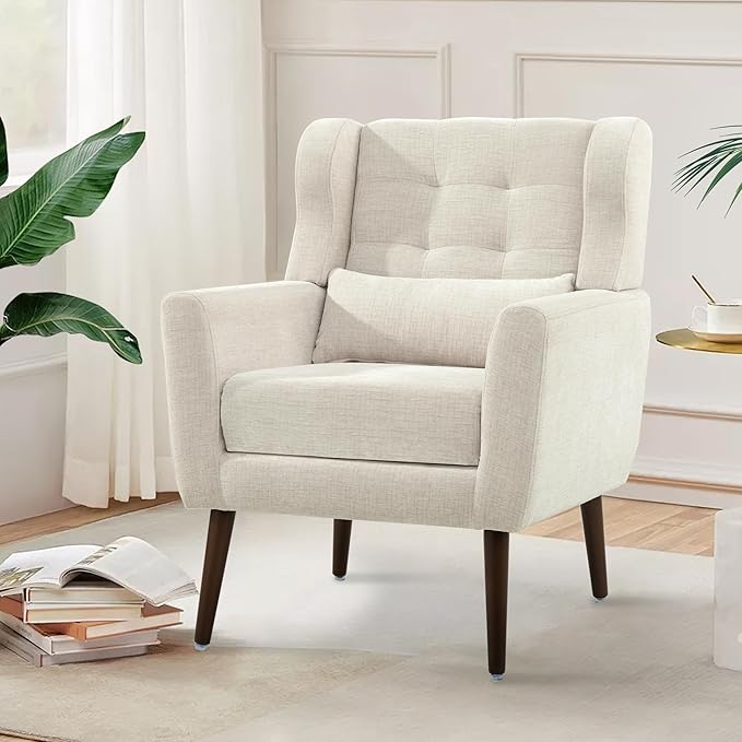 CHSICFOR Modern Accent Chair, Upholstered Arm Chair with Waist Pillow, Single Sofa Chair for Living Room Bedroom Small Spaces (Beige)