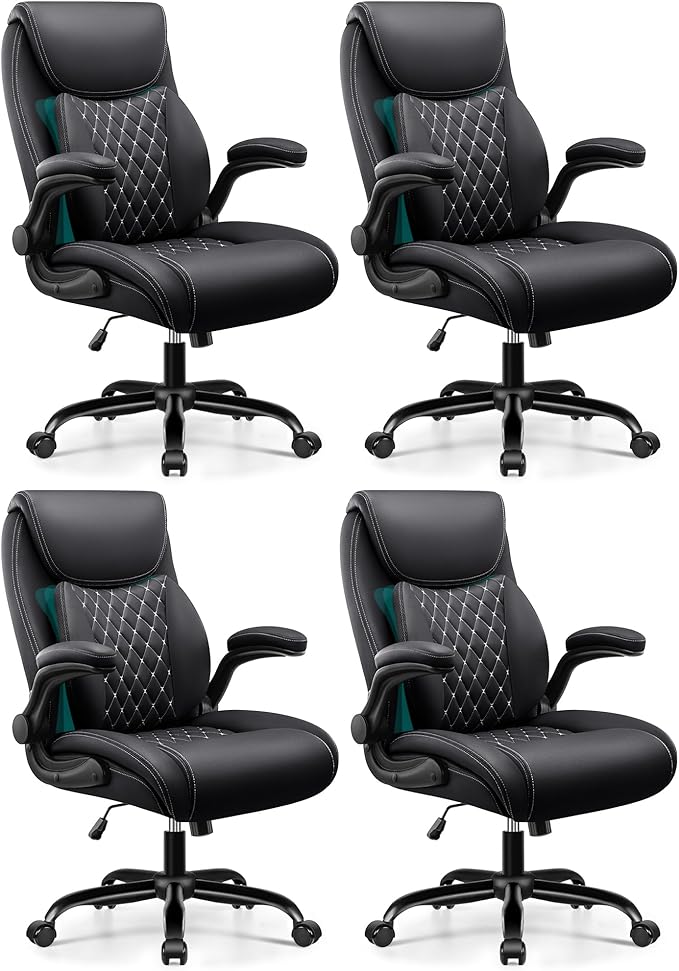 BESTFAIR Office Chair,Ergonomic Office Chair with Lumbar Support for Lower Back Pain Relief, Executive Leather Chair with Padded Flip-up Arms, Wheels and Adjustable Armrests, Black Pack of 4