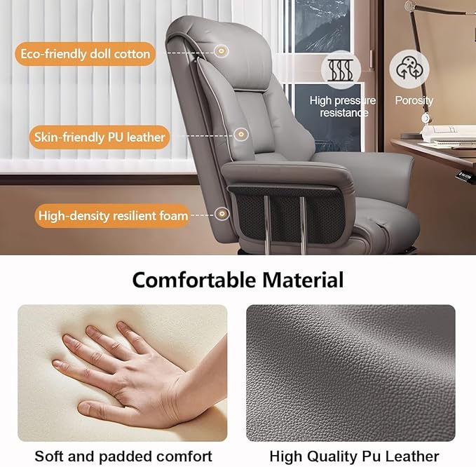 BTFYOU Big and Tall Office Chair with Armrests Executive Chair with Footrest and Spring Lumbar Support High Back Leather Ergonomic Chair Adjustable Height Tilt Lock for Business