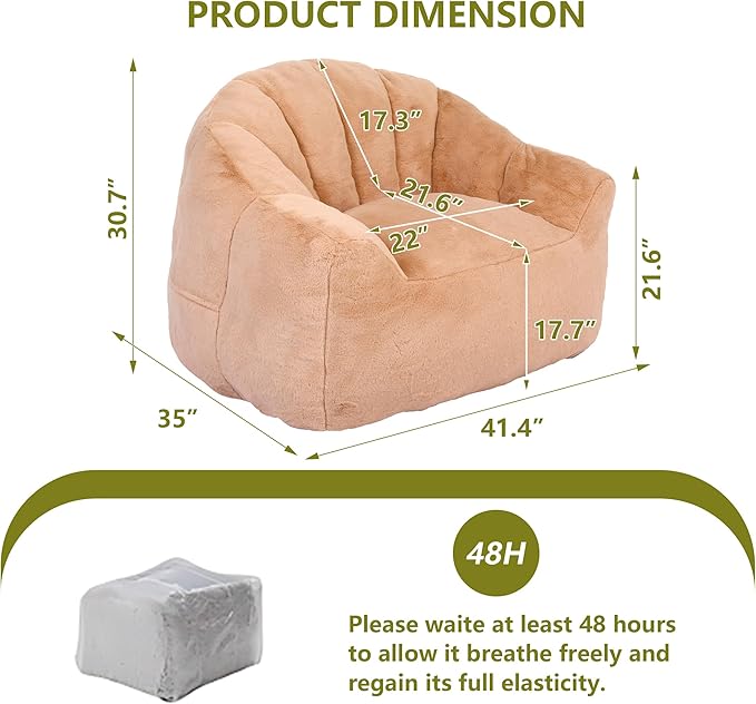 Setawix Giant Bean Bag Chair with Filler, Comfy Faux Fur Bean Bag Chairs for Adults and Kids, Lazy BeanBag Sofa Stuffed Floor Sofa with Memory Foam for Bedroom Apartment Living Room,Brown