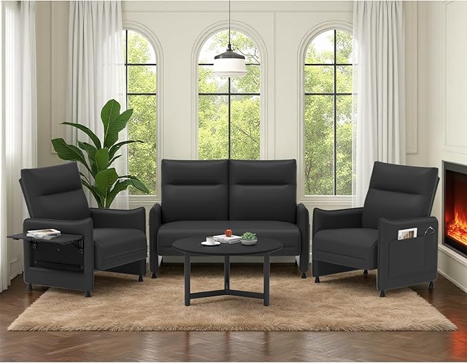 3-Piece Living Room Sofa Set, Faux Leather Loveseat & Accent Chairs Set of 2 with Hidden Foldable Tray & Side Pocket, Front Contour Arm Design, Upholstered Sofa Set for Office, Black