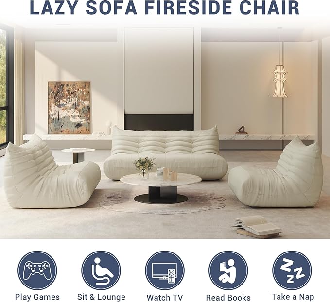 Bean Bag Chair for Adults, Fireside Chair Lazy Floor Sofa, Modern PU Faux Leather Caterpillar Sofa Couch, Armless Foam Lounger Tatami Recliner Bean Bag Couch for Living Room Bedroom Dorm Office