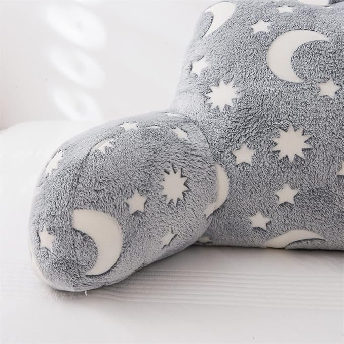Holawakaka Glow in The Dark Reading Pillow for Sitting up in Bed Sofa Kids Teens, Luminous Moon Stars Backrest Pillow with Arms for Boys Girls Petites, Back Support Cushion for Couch Nursery Playroom