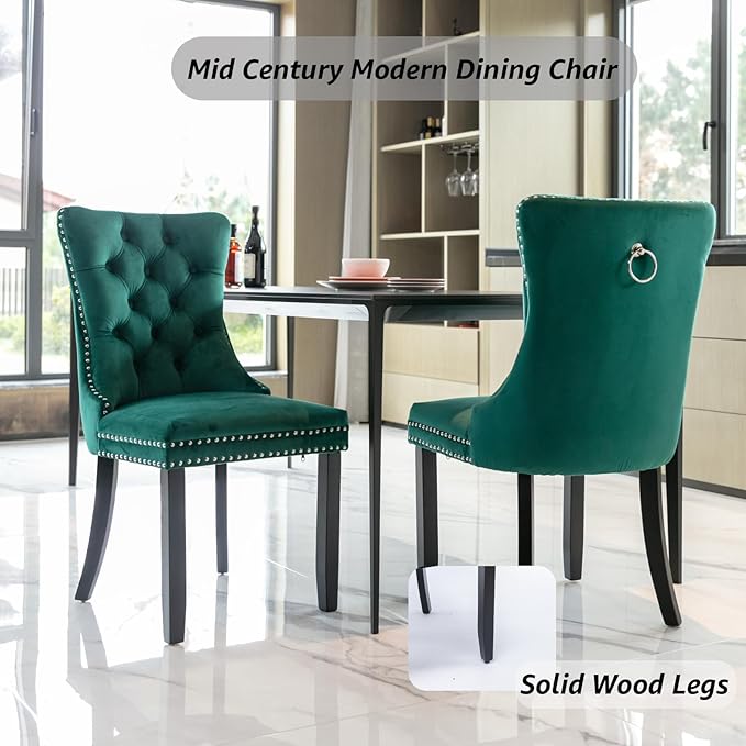 YeahFurn Green Mid Century Modern Dining Chairs Set of 2, Velvet Upholstered Kitchen & Dining Room Chairs with Nailhead Trim & Solid Wood Legs, Elegant Sillas De Comedor (Green, 2 Pcs)