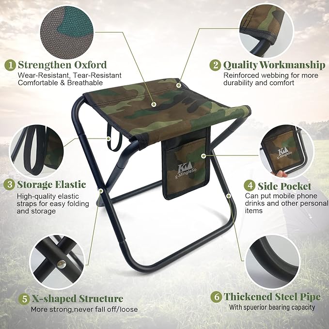 K-MingleSo Upgraded Portable Folding Stool, 13 Inch Camping Stool for Adults Fishing Hiking Gardening and Beach with Carry Bag, Hold Up to 450lbs[Camo]