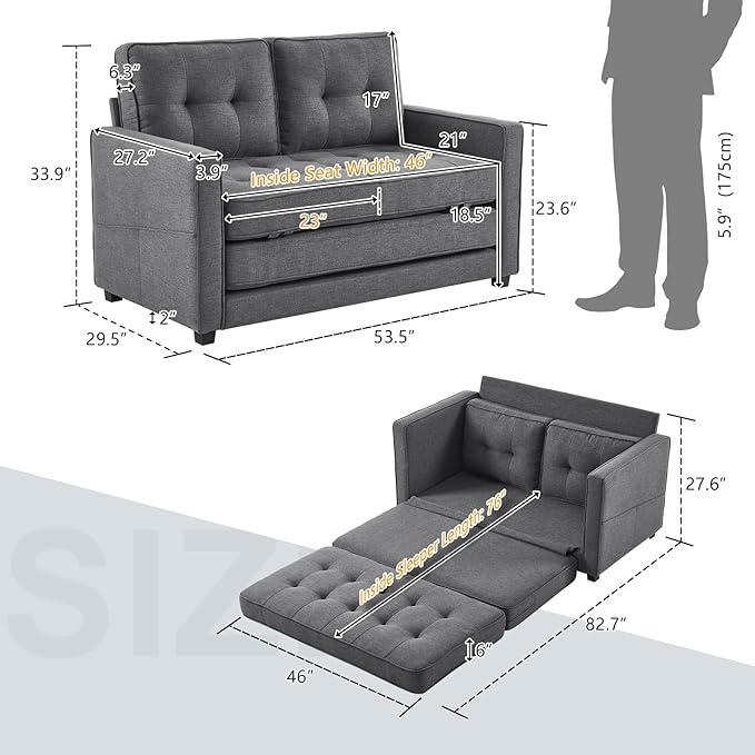 VINGLUpgraded Loveseat Sleeper, 53.5" W 83" L Convertible Sofa Bed Couch Futon Couches for Living Room, Twin Folding Couch Bed for Small Spaces, Foldable Floor Gaming Sofa Bed for Basement, Dark Grey