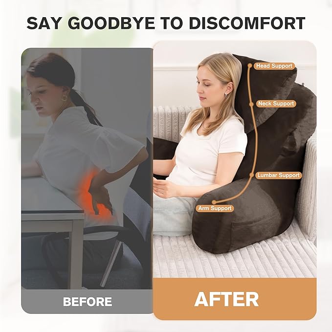 Unisakey Portable Reading Pillows with Headrest for Bed Sitting Up(Brown Oeko-Tex), Velvet Back Pillow with Arms & Pockets for Adults, Support Memory Foam Bed Pillow for Dorm/Reading/Watching/Gaming