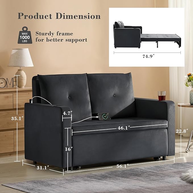Krcix 3 in 1 Pull Out Couch, 56 Inch Velvet Sofa Bed, Convertible Loveseat Sleeper Sofa for Living Room, Small Space, Upholstered Couch Bed with USB, Cup Holder(Black)