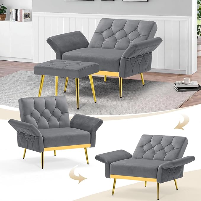 ACMEASE Velvet Accent Chair w/Adjustable Armrests and Backrests, Tufted Single Sofa with Ottoman, Upholstered Reading Chiar for Living Room, Apartment, Bedroom, Grey