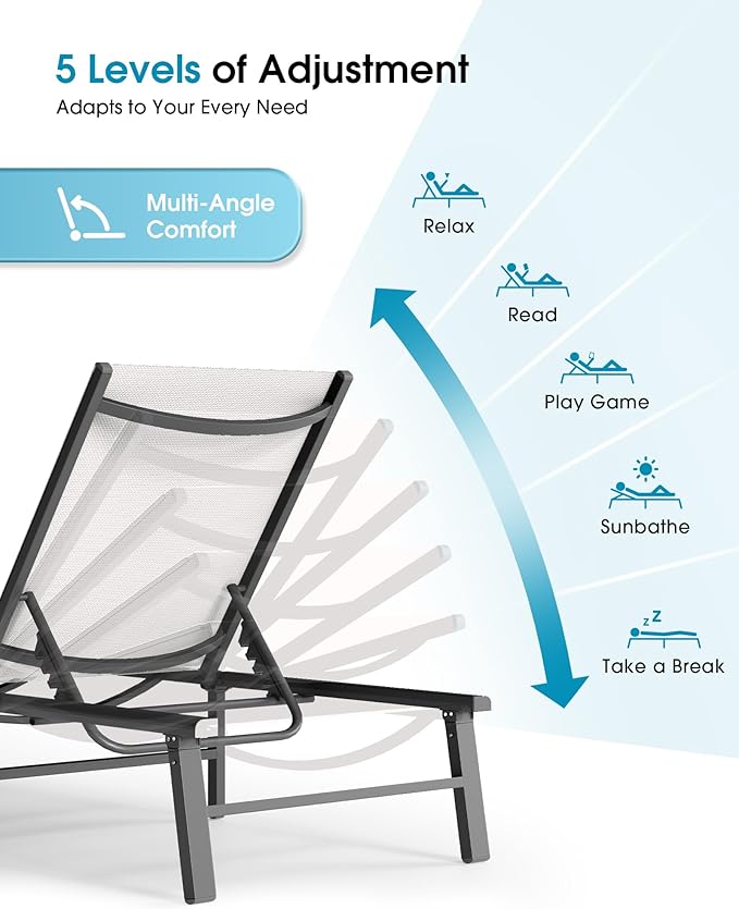 Ciokea Aluminum Outdoor Lounge Chair Set of 4- No Assembly Needed, Foldable Patio Chaise Lounge with 5 Adjustable Positions, Reinforced Frame for Extra Durability, Pool Beach Lounge Chair,White