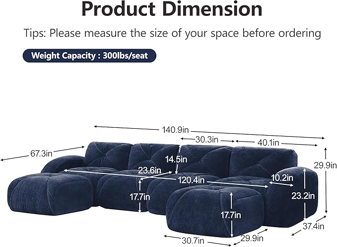Modular Sectional Sofa with Free Combination,Oversized Boneless Floor Couch for Living Room & Lounge,Velvet 3-Seater Sectional Couch with 2 Ottomans,No Assembly Needed