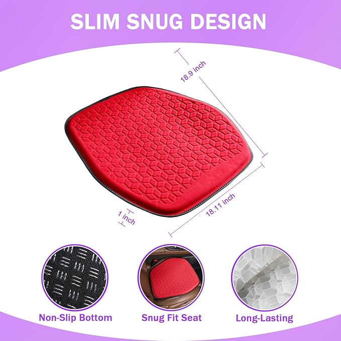 Binsheo Thin Premium Gel Seat Cushion for Car Seat, Office Chair, Wheelchair, Golf Cart - Non-Slip Car Seat Cushions with 0.7 Inch Gel - Sciatica & Coccyx Pain Relief (Suede, Red)