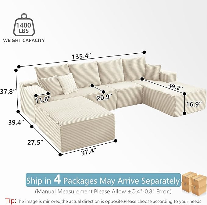 135.4" W Cloud Sectional Couch with Ottoman,Modern U-Shaped Cloud Couch with Deep Seat,Comfy Corduroy 4-Seater Sofa,Memory Foam Sofa for Living Room,No Assembly (White,Right-Facing Chaise)