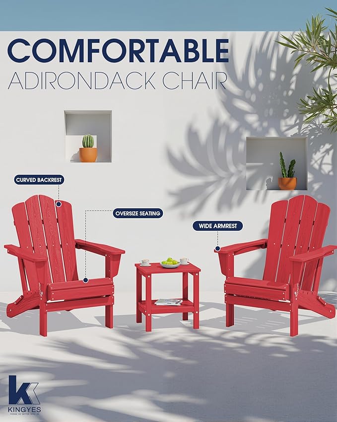 KINGYES Folding Adirondack Chair Set of 8, HDPE All-Weather Folding Adirondack Chair, Light Red