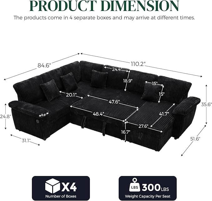 Modular Sectional Sleeper Sofa with Pull Out Bed, Storage Chaise & USB Charging, U Shaped Plush Corduroy Black Sectional Couches for Living Room, Comfy Convertible 7 Seat Cloud Sofa Bed, Black
