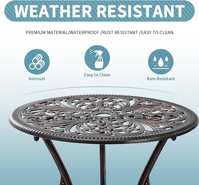 Withniture Outdoor Bistro Table and Chairs Set of 2 Cast Aluminum Patio Bistro Set with Umbrella Hole, All Weather Bistro Table Set for Garden, Suitable for All People, Bronze