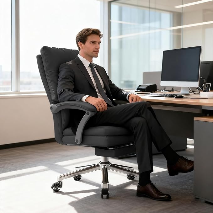 WXJHL Big and Tall Office Chair 600 lbs Wide Seat, Leather High Back Executive Office Chair with Leg Rest, Ergonomic Desk Chairs with Lumbar Support for Home Office, Black