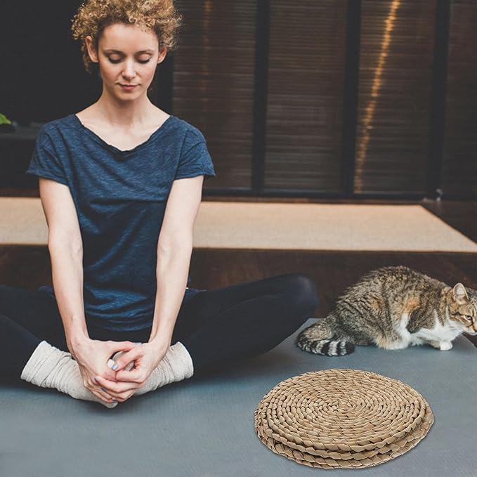Luxshiny Woven Tatami Floor Cushion Double-Layer 30x30cm Sitting Pad with Reed Grass for Meditation and Yoga, Thick Breathable Seat Mat for Adults, Zen Floor Pillow for Bedroom and Tea Room
