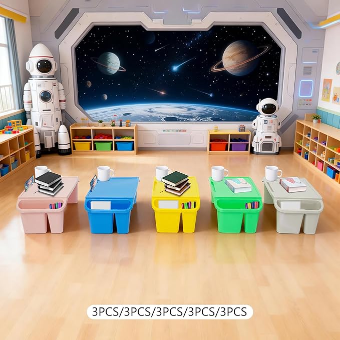 Kids Lap Desk Tray Set of 15, Portable Stackable Lap Trays with Cup Holder & Side Pockets, 19.69x9.84x7.1in Plastic Activity Tray for Home, Classroom, Daycare