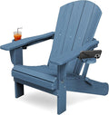 KINGYES Folding Adirondack Chair with Dual Cup Holders - HDPE All-Weather Outdoor Chairs, Wood-Like Patio Chair for Backyard, Camping, Pool & Fire Pit, Blue