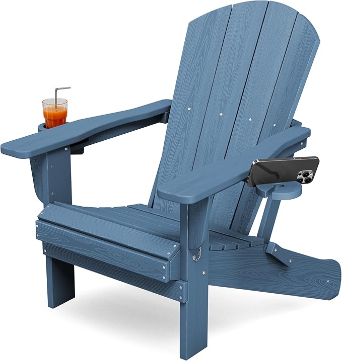 KINGYES Folding Adirondack Chair with Dual Cup Holders - HDPE All-Weather Outdoor Chairs, Wood-Like Patio Chair for Backyard, Camping, Pool & Fire Pit, Blue
