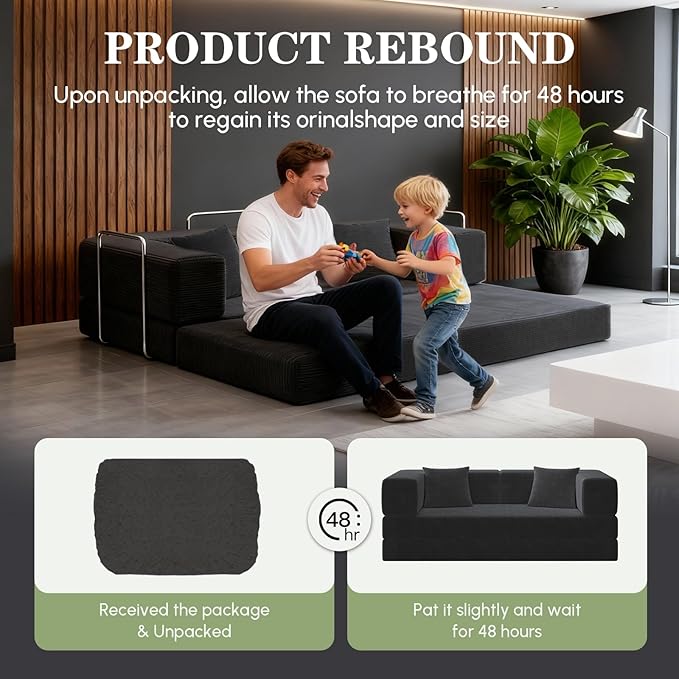 4-in-1 Convertible Sofa Bed, 78 Inch Corduroy Loveseat Sleeper with Pull-Out Bed, Boneless Fixed-Frame Floor Futon for Living Room