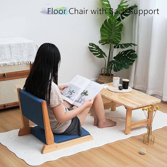 Japanese Floor Chair with Back Support, Foldable Meditation Chair, Legless Tatami Chair with Cushion, Floor Seat for Living Room, Bedroom, Bay Window (1, Blue)