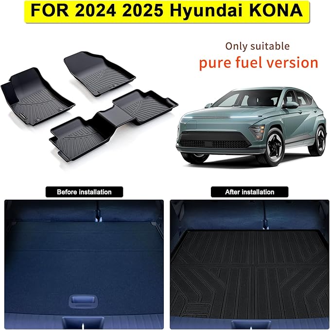 Floor Mats for 2024 2025 2026 Hyundai KONA (Only Fit Fuel) & Cargo Mat, TPE All Weather Protection Car Full Set Floor Liners & Trunk Mat Accessories