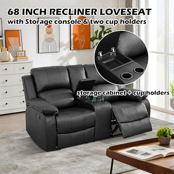 SIENWIEY Manual Leather Recliner Sectional Sofa for Living Room,L Shaped Reclining Sectional Corner Couch with Loveseat,Black Recliner Sofa Set with Storage Console/Drop Down Coffee Table/Cup Holders