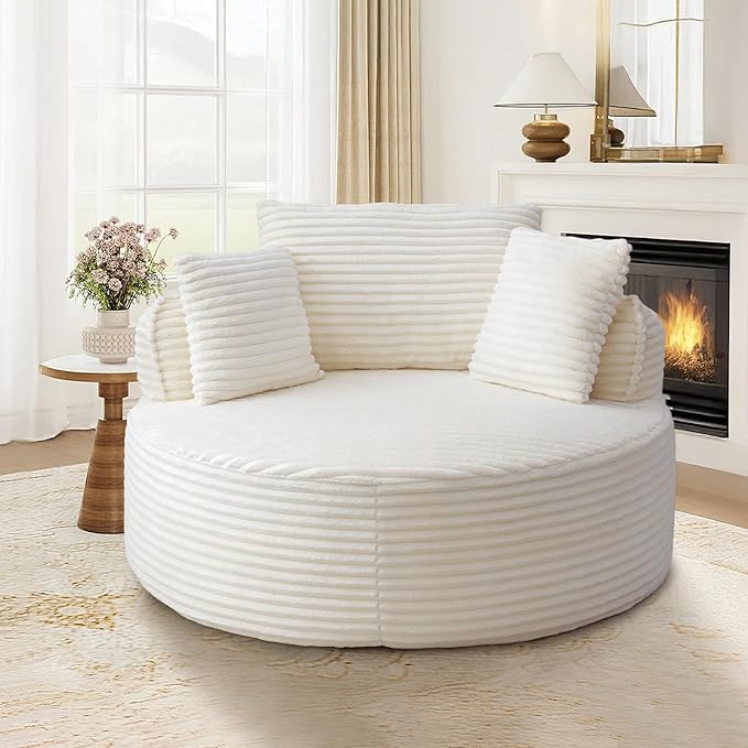 53"W Oversized Round Chaise Longue Chair Indoor,Corduroy Fluffy Comfy Cloud Chair,Circle Bean Bag Sofa with Foam Filling & Pillows,Boneless Reading Cozy Sofa Chairs for Living Room,Bedroom,White