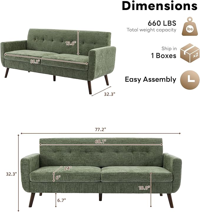 Tbfit 77.2" W Linen Sofa Couch, Mid Century Modern Decor Loveseat Couches for Living Room, Button Tufted Upholstered Small Couch for Bedroom, Solid, and Easy to Install Love Seats Furniture, Green | linen fabric, button tufted, solid wood foot, pocket ...