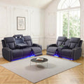 Caberryne Power Recliner Sofa Set with LED Lights,Suede Leather Reclining Couch and Loveseat Set with USB Port/Coffee Table/Cup Holder,Living Room Set with 4 Recliner Seats for House(2 Piece Set,Navy)