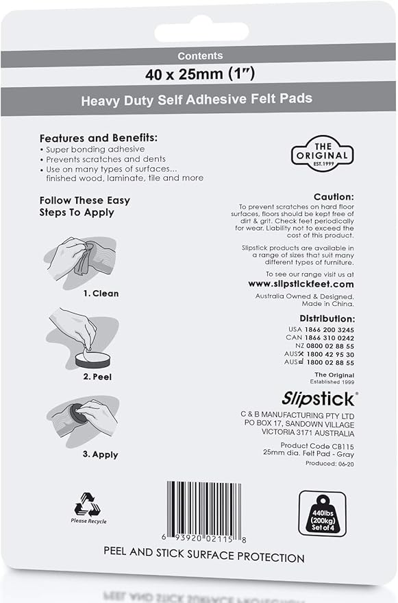 Slipstick Premium Wool Felt Furniture Pads/Floor Protectors (1 Inch Round Value Pack) Includes 40 Heavy-Duty Felt Chair Leg Pads with Self-Stick Adhesive, Gray, CB115