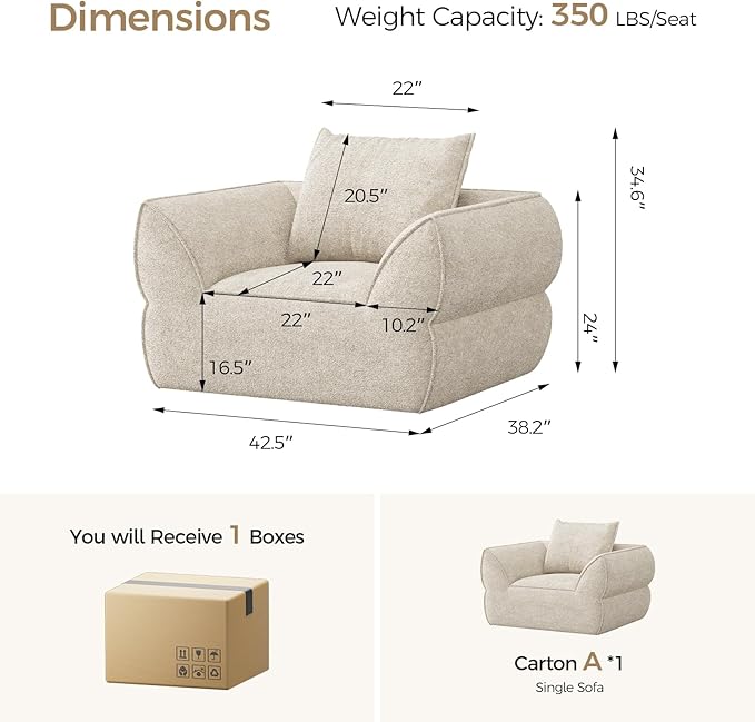 42.5" Single Cloud Sofa, Boneless Couch for Small Spaces, Modern Comfortable Upholstery Sofas with Pillows for Living Room, Apartment, Dorm, Office, Removable Cover, No Assembly Required, Apricot
