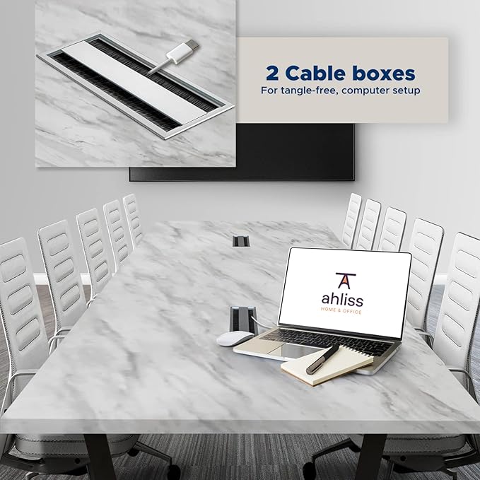 ahliss Sturdy Conference Table with Cable Management Grommets Modern Rectangle Office Meeting Table with Wood Tabletop and Metal Frame & Legs- Easy Assembly Boardroom Table (White Marble, 10 Foot)