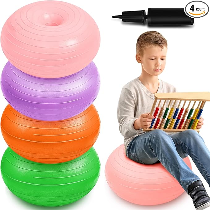 Lewtemi 4 Pcs Flexible Seating for Classroom Elementary 20 Inch Yoga Ball Chair Inflatable Donut Ball Chair with Inflator for Kids Student Sensory Balance Office Exercise