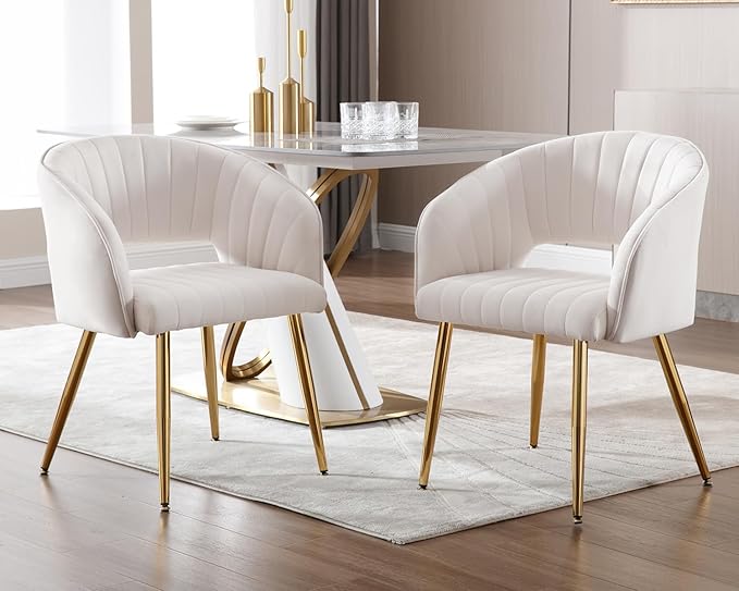 KCC Modern Velvet Dining Chairs Set of 4, Cream, Hollow Back, Tufted Kitchen Chairs Side Chairs with Gold Metal Legs for Living Room