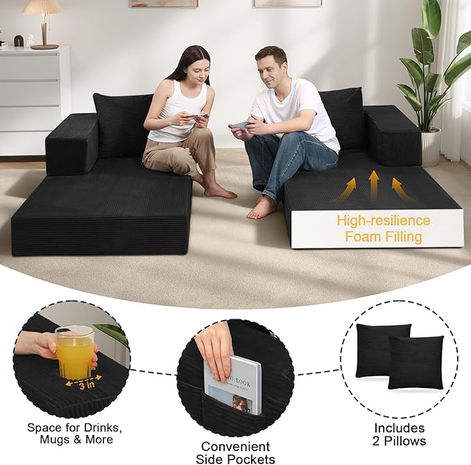 COMAX Futon Sofa Bed Queen, 79" Convertible Sofa Bed Couches for Living Room, 4 in 1 Folding Boneless Sleeper Corduroy Couch Loveseat Foam In a Box, Foldable Comfy Lounge Fold Out Floor Mattress Black